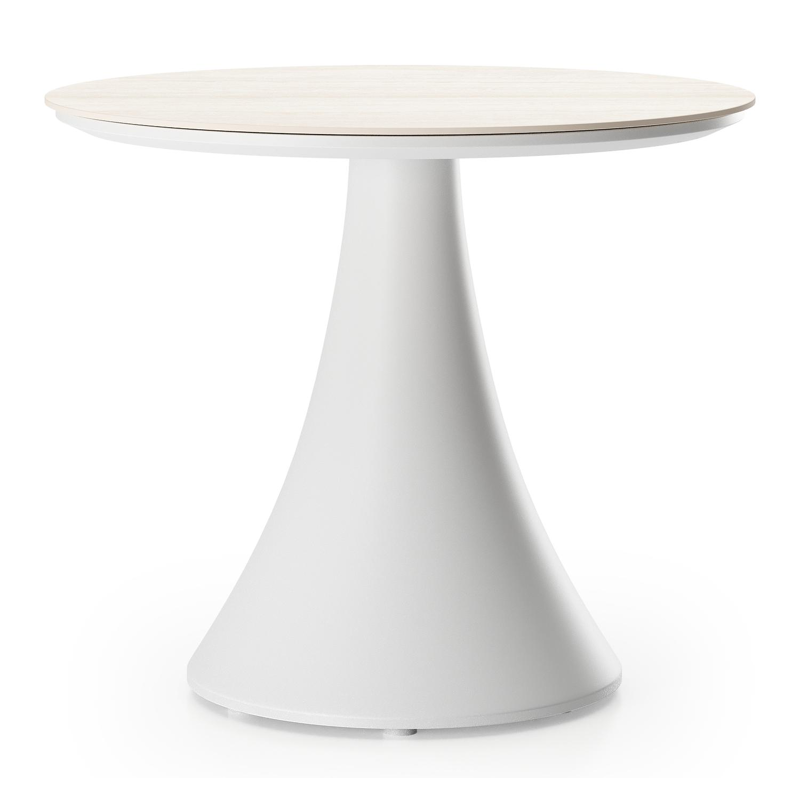 Fano low dining loungetafel rond in wit aluminium en volkeramiek Travertino Bianco - Dia. 65 x H 55 cm