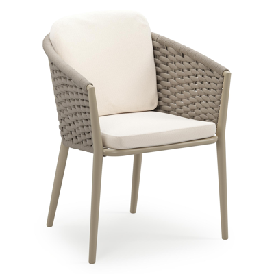 Orso stapelbare tuinstoel in beige aluminium en beige horizontaal geweven ronde rope met stoelkussen in All Weather Sunbrella® Luxe Lopi Snow