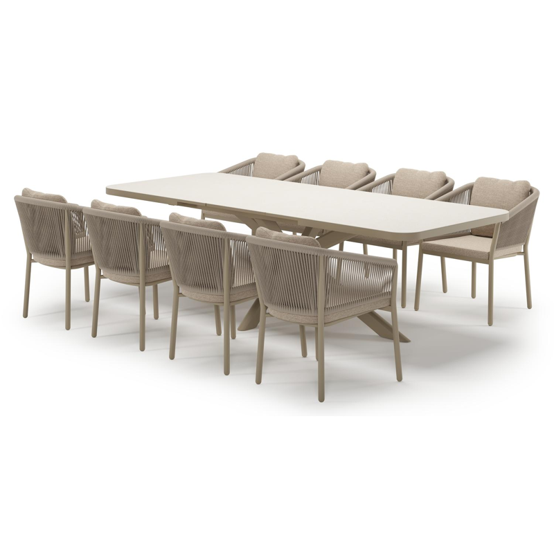 Ensemble de jardin Estella extensible rectangulaire en aluminium beige et sintered stone Crema minerale avec 8 chaises de jardin Gerona