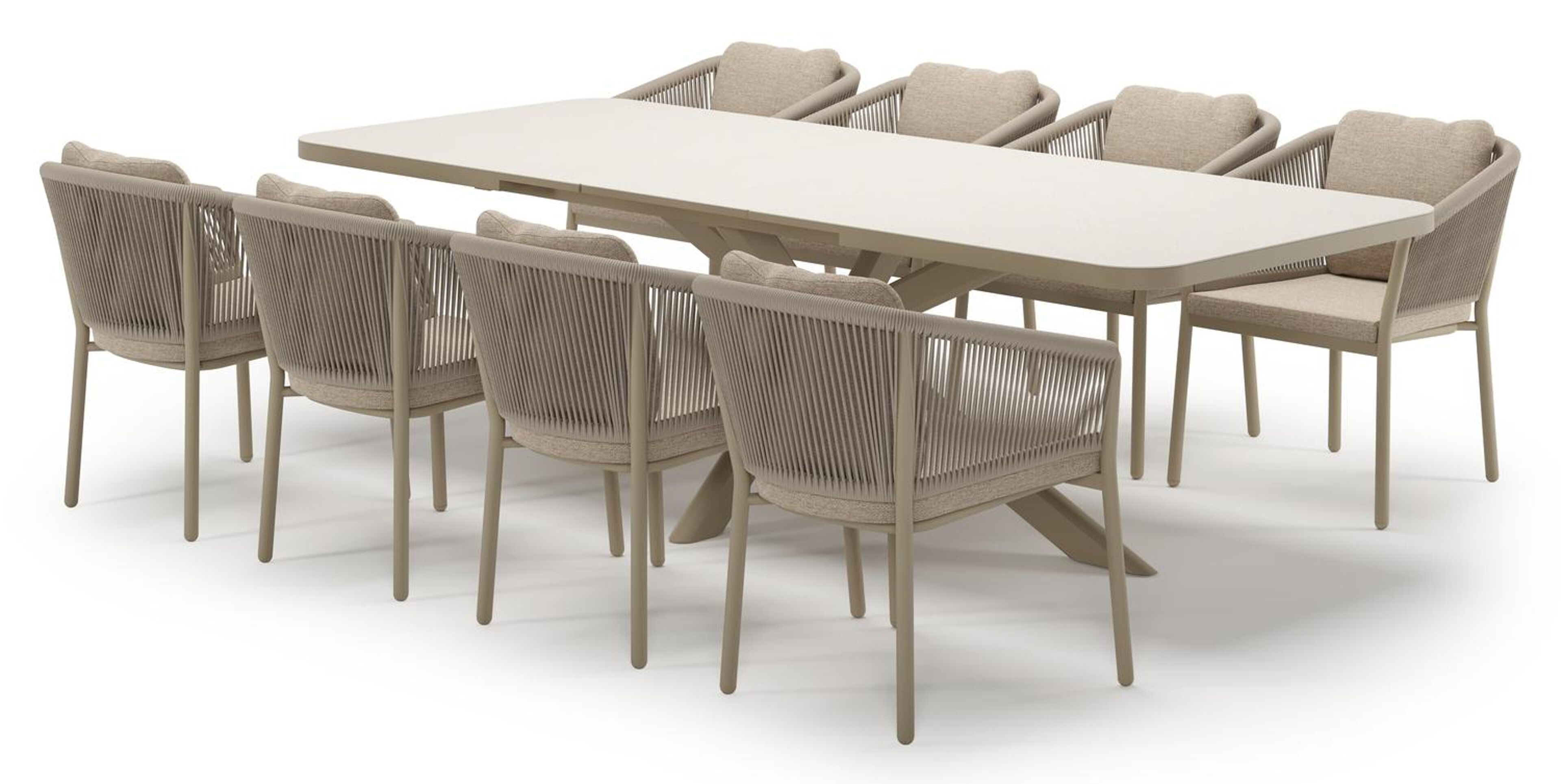 Ensemble de jardin Estella extensible rectangulaire en aluminium beige et sintered stone Crema minerale avec 8 chaises de jardin Gerona