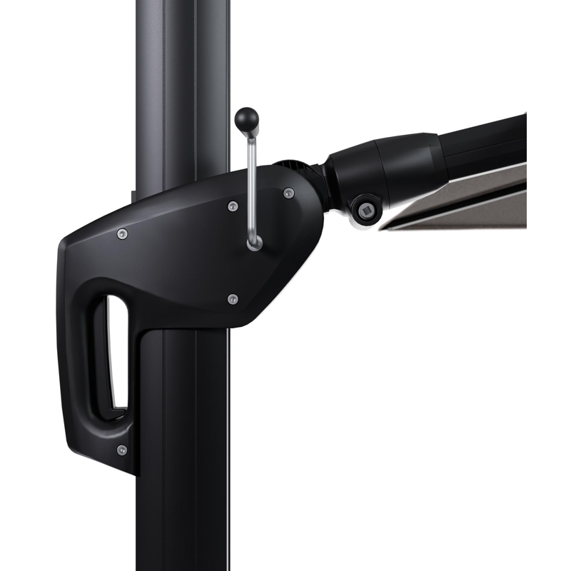 Minore zweefparasol met tiltfunctie in zwart aluminium en All Weather Sunbrella Luxe Wander Granite parasoldoek - L1 400 x L2 300 cm met parasolvoet Minore 260 kg met wielen