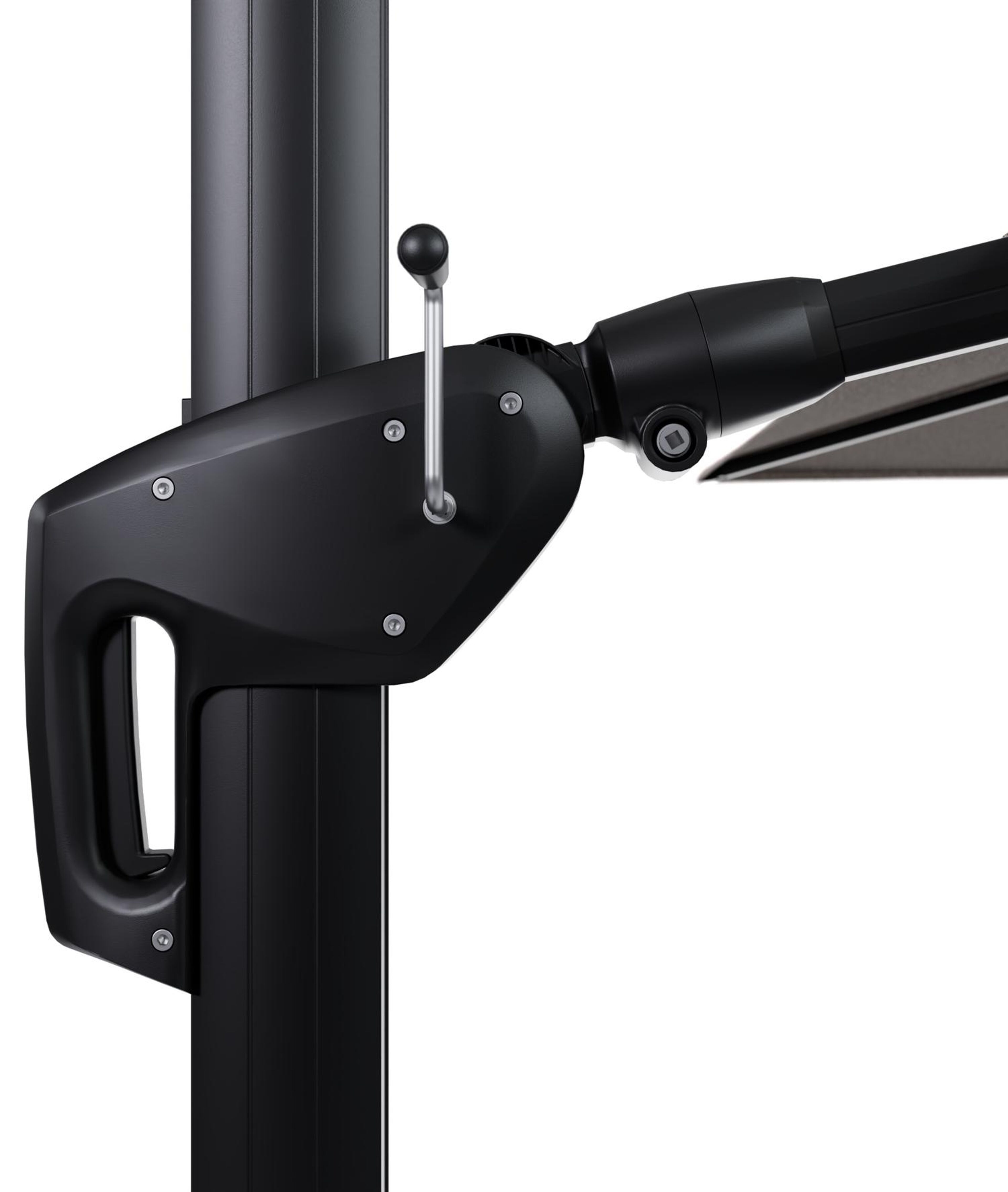 Minore zweefparasol met tiltfunctie in zwart aluminium en All Weather Sunbrella Luxe Wander Granite parasoldoek - L1 400 x L2 300 cm met parasolvoet Minore 260 kg met wielen