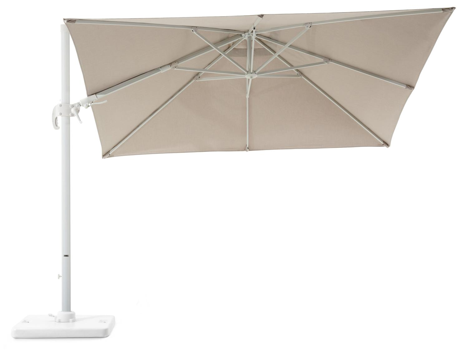 Avola zweefparasol met tiltfunctie in wit aluminium en Natte Graumel Chalk Sunbrella® Premium parasoldoek - L1 300 x L2 300 cm met Pedito parasolvoet 120 kg