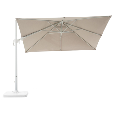 Avola zweefparasol met tiltfunctie in wit aluminium en Natte Graumel Chalk Sunbrella® Premium parasoldoek - L1 300 x L2 300 cm met Pedito parasolvoet 120 kg