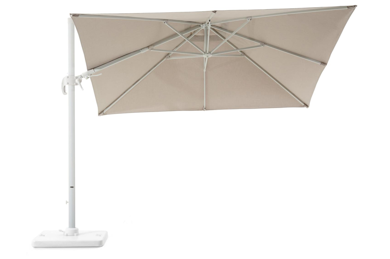 Avola zweefparasol met tiltfunctie in wit aluminium en Natte Graumel Chalk Sunbrella® Premium parasoldoek - L1 300 x L2 300 cm met Pedito parasolvoet 120 kg