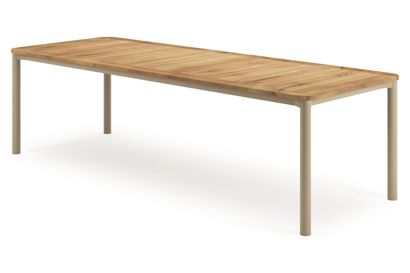 Mira rechthoekige afgeronde tuinset in beige aluminium en teak natural finish met 8 Matera tuinstoelen