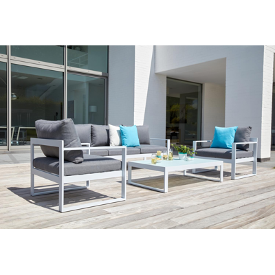Caldela loungeset in wit aluminium met grijs polyester kussens en loungetafel