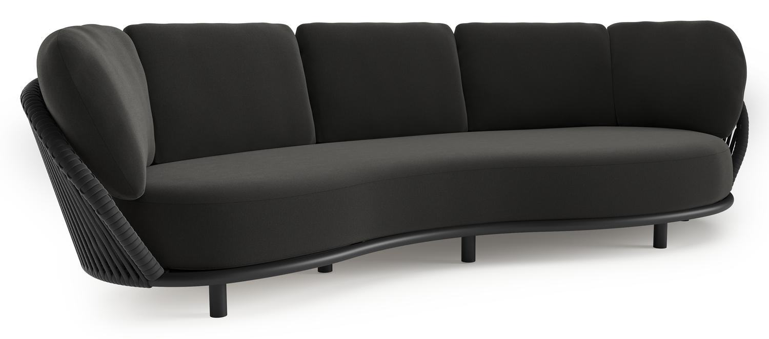 Lupino loungebank in zwart aluminium en zwart verticaal geweven luxe vlakke brede rope met natte sooty all weather sunbrella® luxe kussen