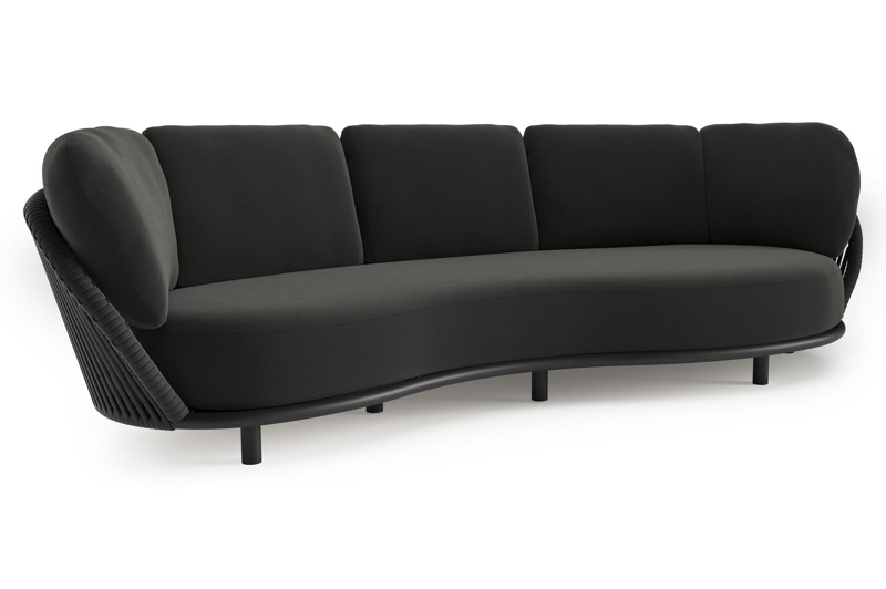 Lupino loungebank in zwart aluminium en zwart verticaal geweven luxe vlakke brede rope met natte sooty all weather sunbrella® luxe kussen