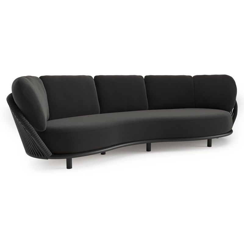 Lupino loungebank in zwart aluminium en zwart verticaal geweven luxe vlakke brede rope met natte sooty all weather sunbrella® luxe kussen