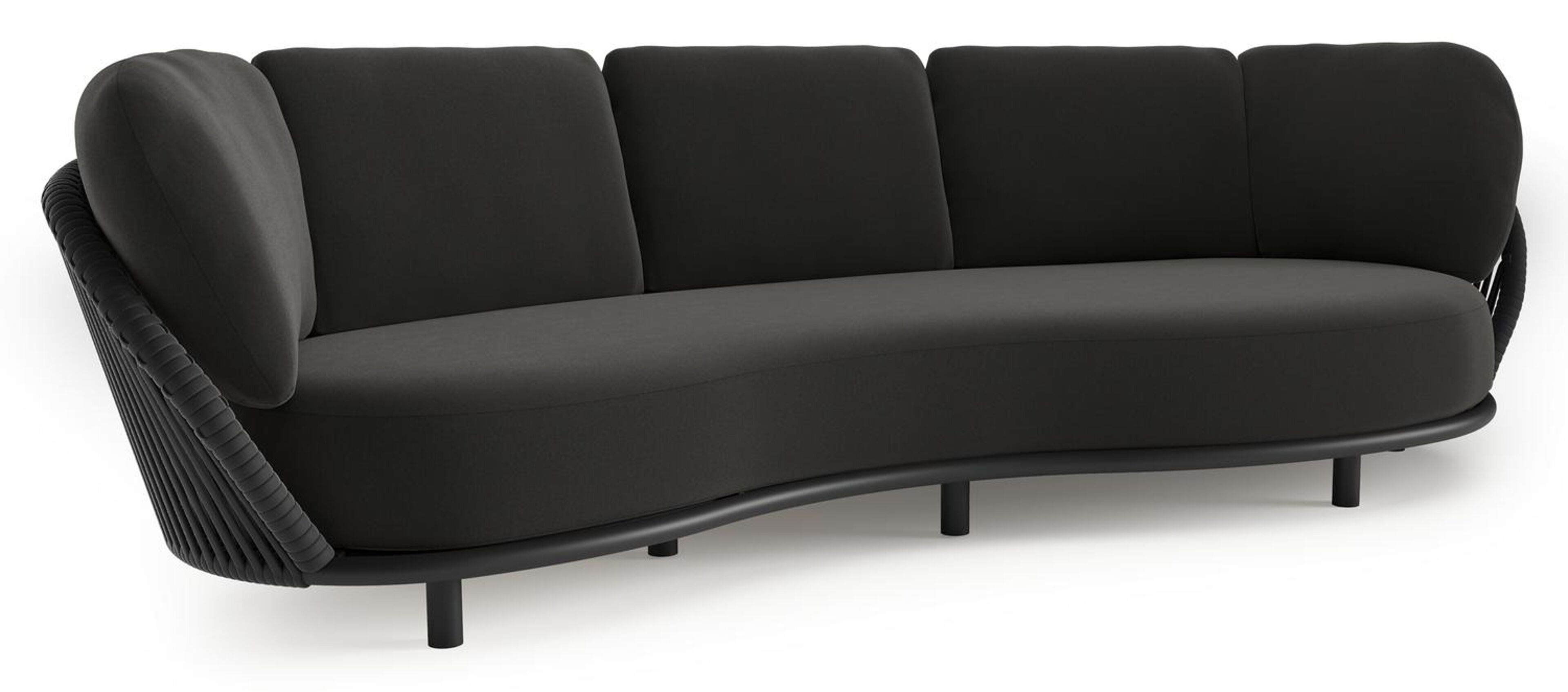 Canapé de jardin Lupino en aluminium noir et corde large plate de luxe tissée verticalement noir et coussins en all weather sunbrella® luxe natte sooty