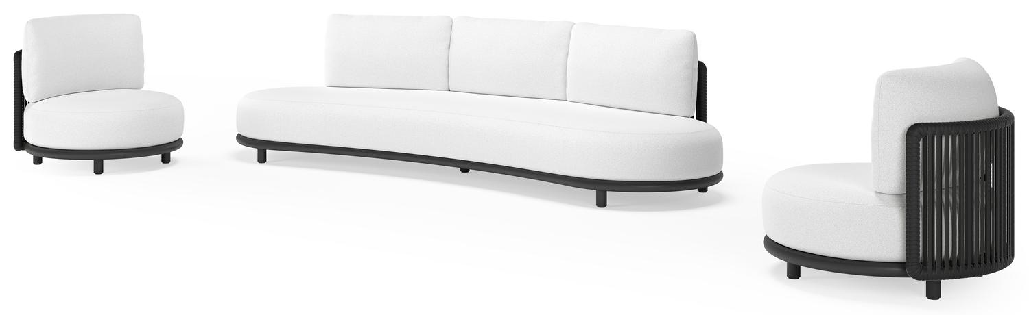 Salon de jardin Lomano en aluminium noir et corde luxe plate tissée verticalement noir et coussins en all weather solica ego birch