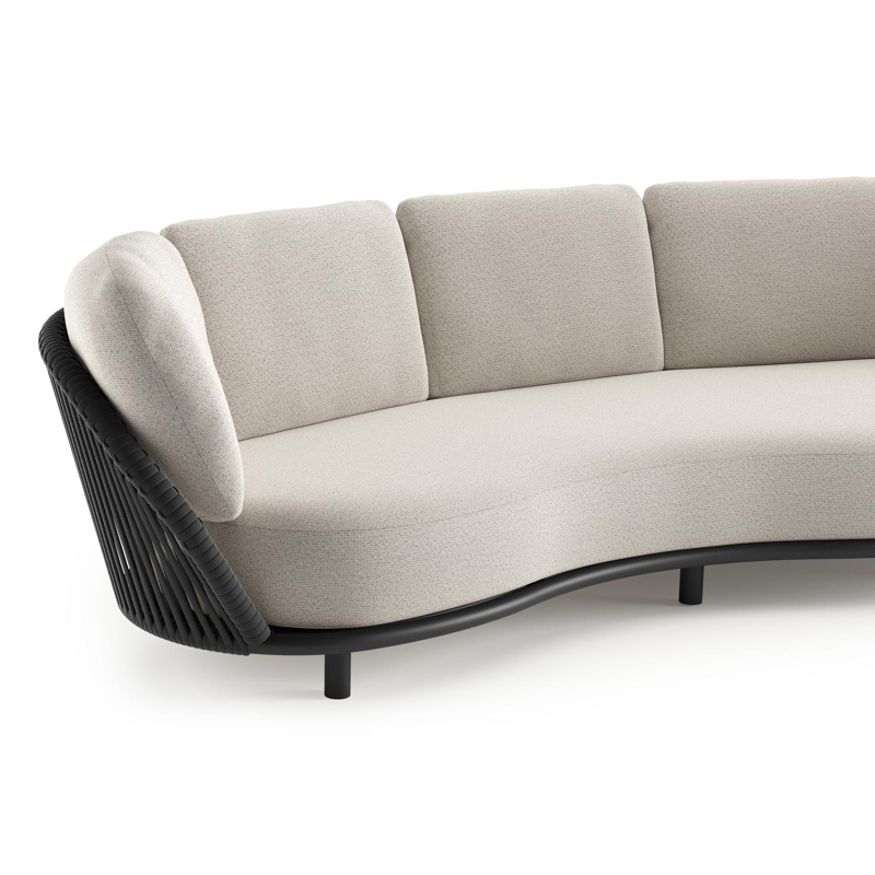 Lupino loungeset in zwart aluminium en zwart verticaal geweven luxe vlakke brede rope met firenze natural all weather solica kussen