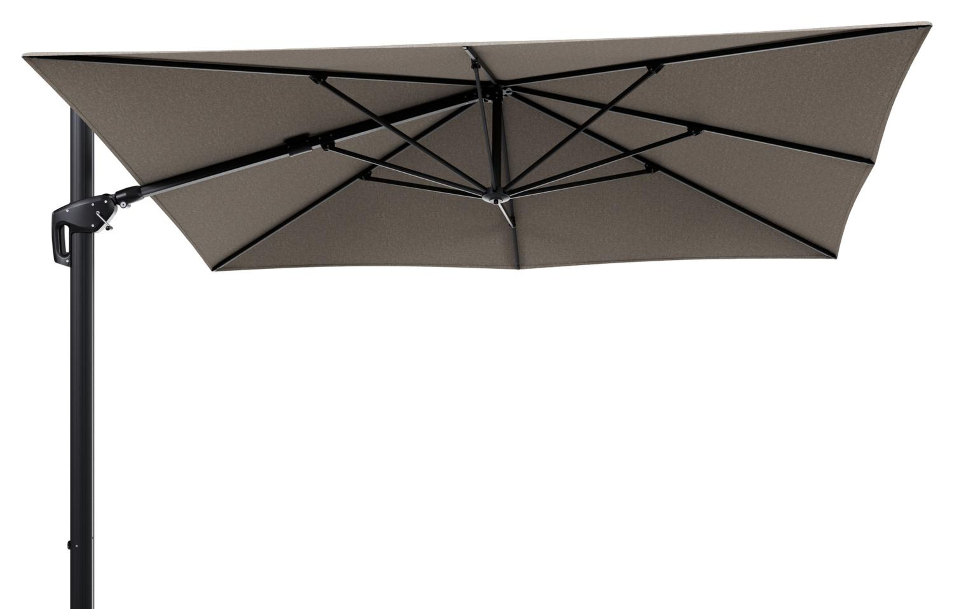 Minore zweefparasol tiltfunctie in zwart aluminium en parasoldoek in All Weather Sunbrella® Luxe Chartres Pewter  - L1 280 x L2: 370 cm (zonder voet)