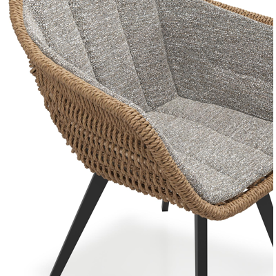 Pagino tuinstoel in zwart aluminium en bruin ronde wicker met zitkussen in All Weather Sunbrella® Luxe Tundra Pepper