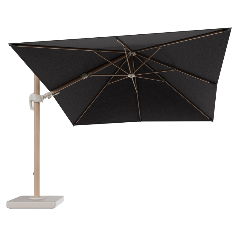 Parasol pendant Rufina avec fonction tilt en aluminium aspect de bois et toile de parasol en All Weather Solica Firenze Tunder - Lg.1 300 x Lg.2 300 cm avec pied de parasol Lapido 160 kg