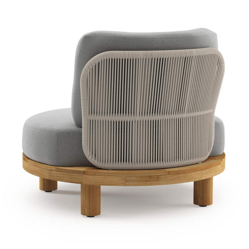 Donato loungestoel in teak en beige verticaal geweven ronde rope met all weather sunbrella® luxe Savane Grey kussen