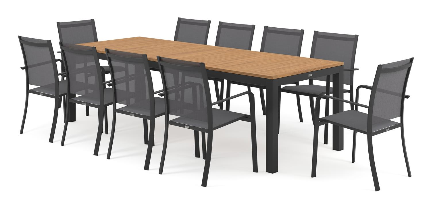 Varese tuinset in zwart aluminium en naturel teak tafelblad met 10 stapelbare Calobra tuinstoelen