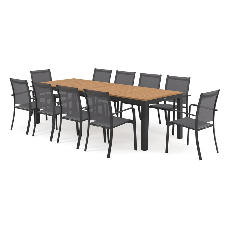 Varese tuinset in zwart aluminium en naturel teak tafelblad met 10 stapelbare Calobra tuinstoelen