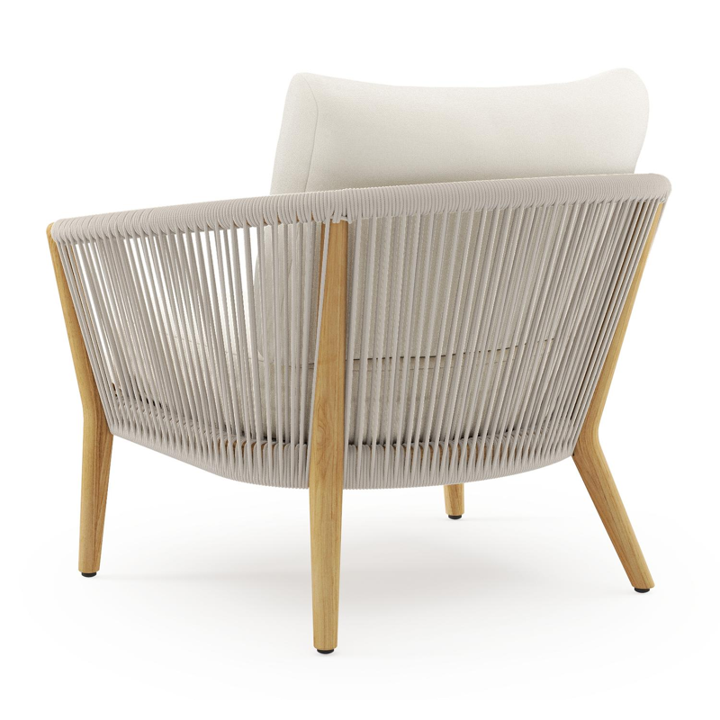 Orso loungestoel in teak en beige verticaal geweven ronde rope met Natte White all weather sunbrella® luxe kussen