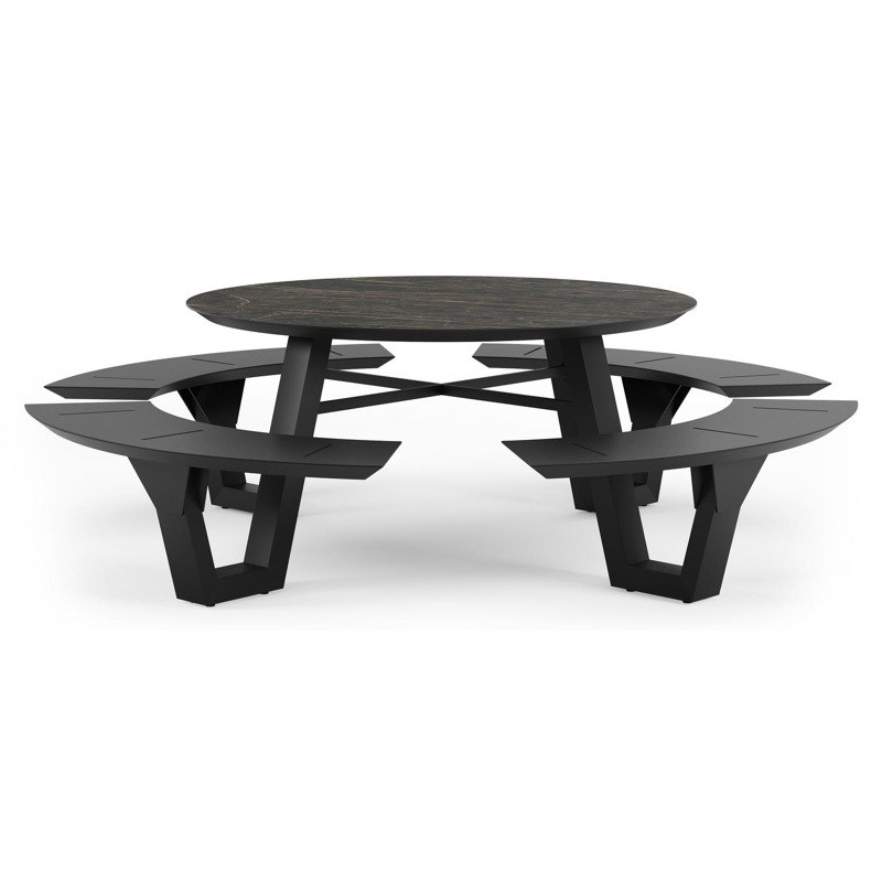 Rondino picknicktafel in zwart aluminium en volkeramiek black obsession tafelblad - Ø 236 x H 71,5 cm