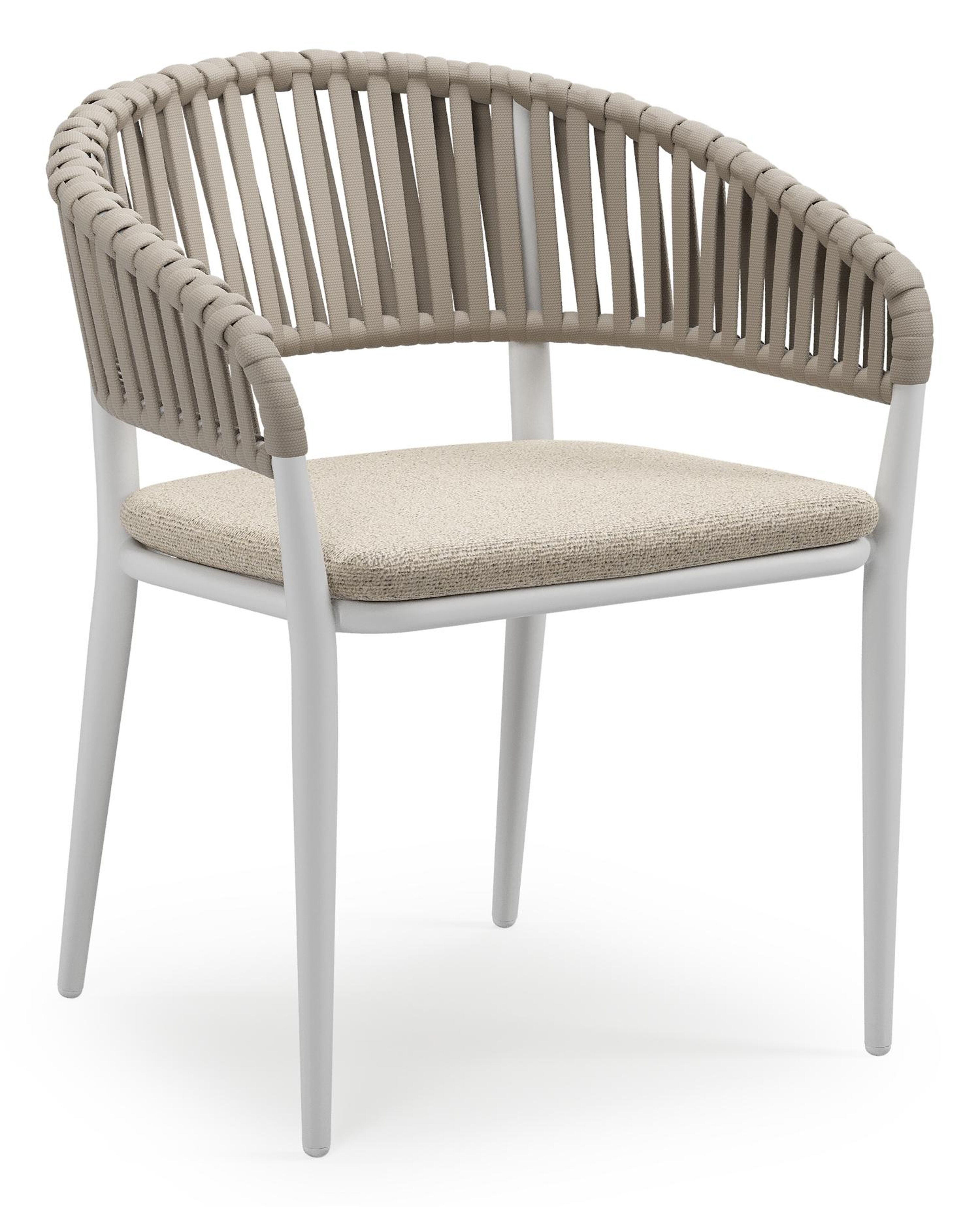 Tolfa stapelbare tuinstoel in wit aluminium en beige verticaal geweven luxe vlakke brede rope met stoelkussen in All Weather Cosytica Marbella Beige
