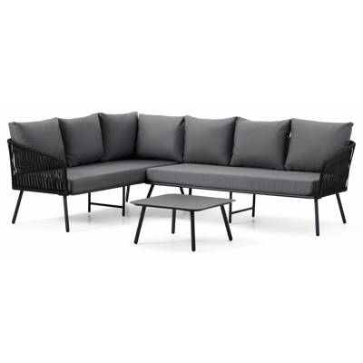 Funchal loungehoek in zwart aluminium en rope met grijs polyester kussen en loungetafel