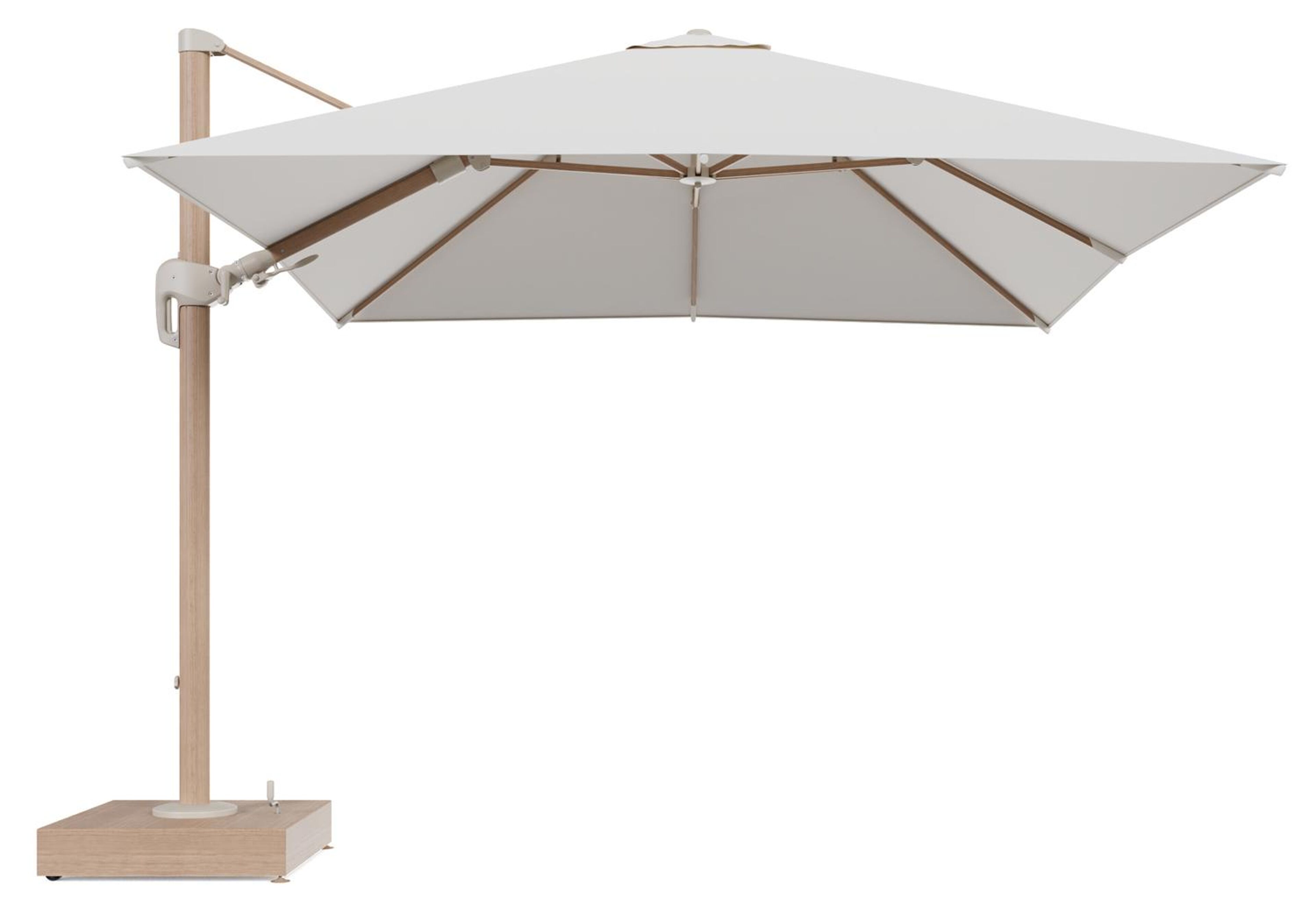 Rufina zweefparasol met tiltfunctie in houtlook aluminium en Savane White All Weather Sunbrella® Luxe parasoldoek - L1 300 x L2 300 cm met parasolvoet Minore 150 kg met wielen