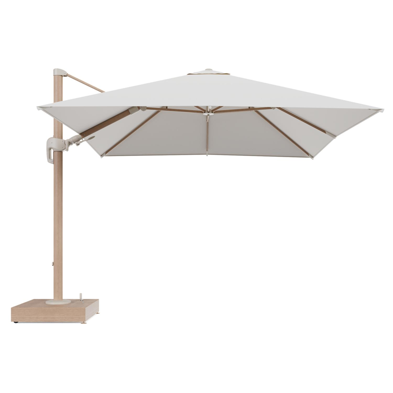 Rufina zweefparasol met tiltfunctie in houtlook aluminium en Savane White All Weather Sunbrella® Luxe parasoldoek - L1 300 x L2 300 cm met parasolvoet Minore 150 kg met wielen