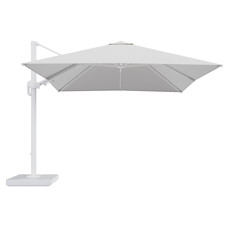 Parasol pendant Rufina avec fonction tilt en aluminium blanc et toile de parasol en All Weather Solica Ego Birch - Lg.1 300 x Lg.2 300 cm avec pied de parasol Lapido 160 kg