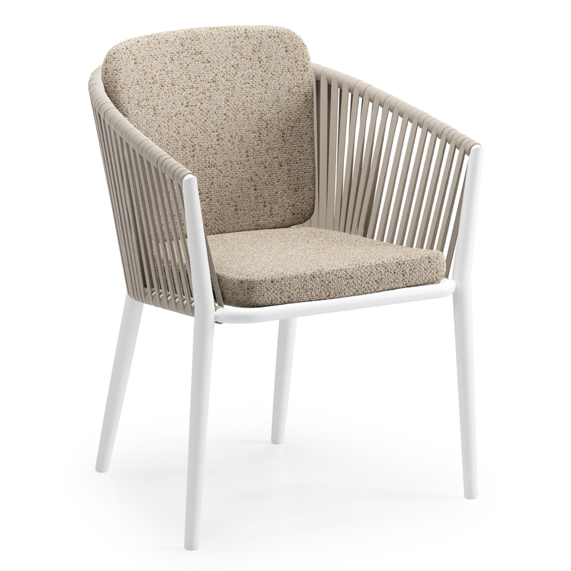 Chaise de jardin Orso en aluminium blanc et corde plate tissée verticalement beige avec coussin en All Weather Cosytica Bora Jungle
