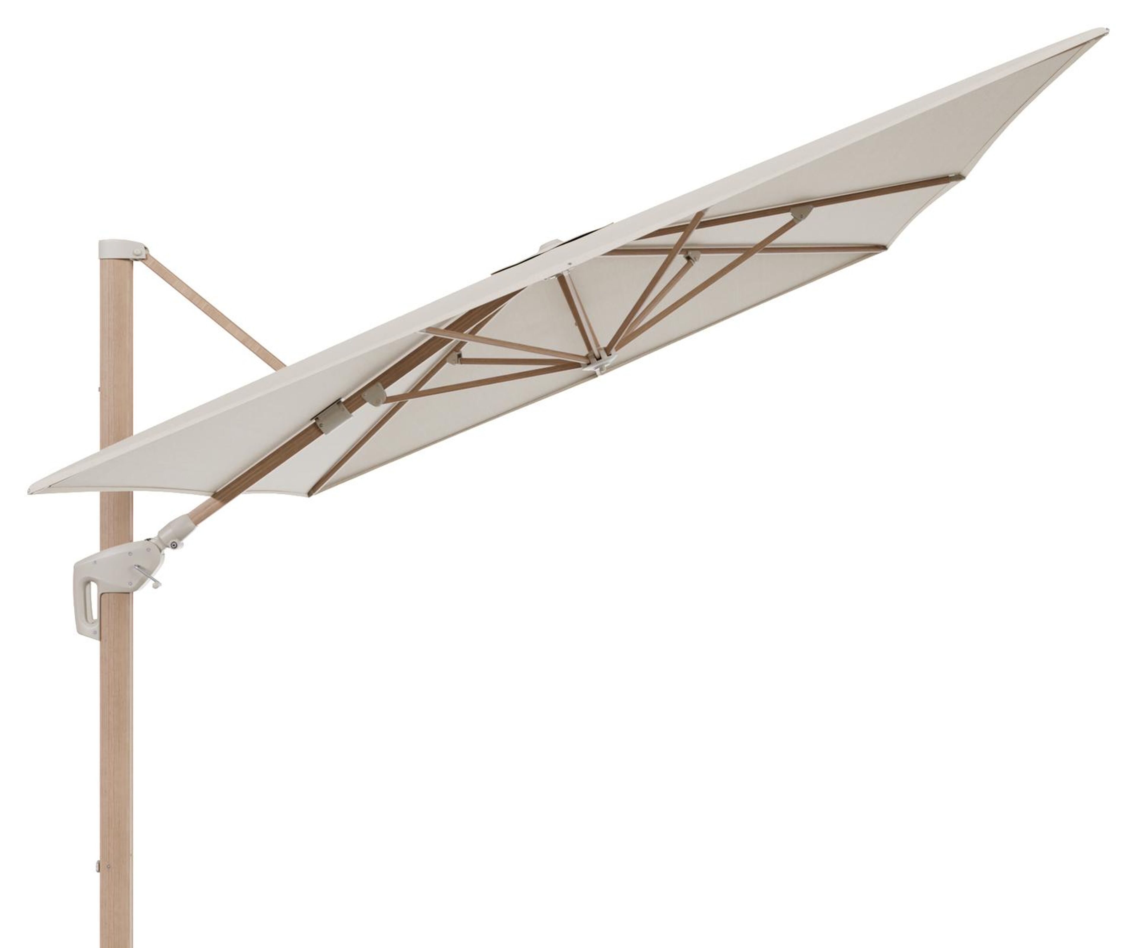 Minore zweefparasol met tiltfunctie in houtlook aluminium en All Weather Sunbrella Premium beige parasoldoek - L1 400 x L2 300 cm (zonder voet)