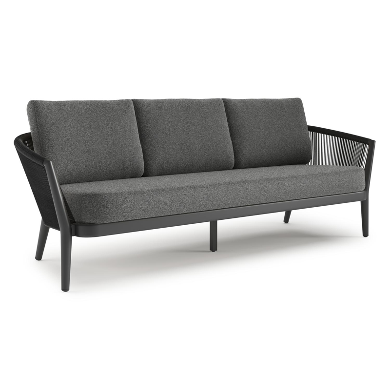 Canapé de jardin Orso en aluminium noir en corde ronde tissée verticalement noir et coussins en all weather cosytica Catania Black