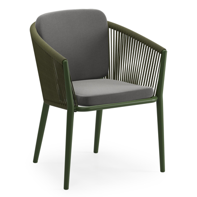 Orso tuinstoel in groen aluminium en groen verticaal geweven ronde rope met zitkussen in All Weather Sunbrella® Luxe Natte Charcoal Chine