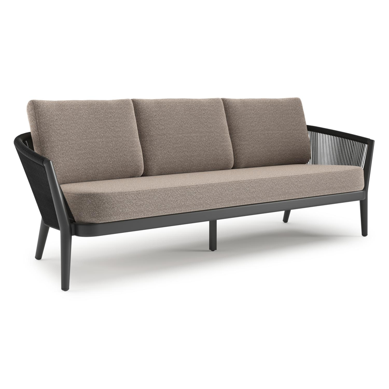 Orso loungebank in zwart aluminium en zwart verticaal geweven ronde rope met Wander Manioc all weather sunbrella® luxe kussen