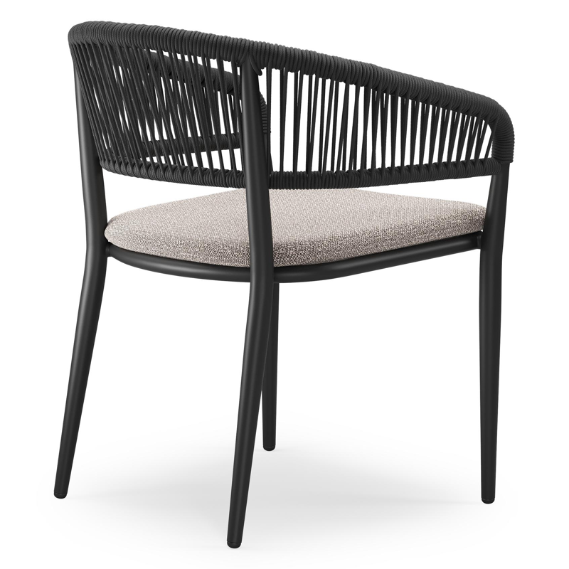 Tolfa stapelbare tuinstoel in zwart aluminium en zwart verticaal geweven ronde rope met stoelkussen in All Weather Sunbrella® Luxe Wander Granite