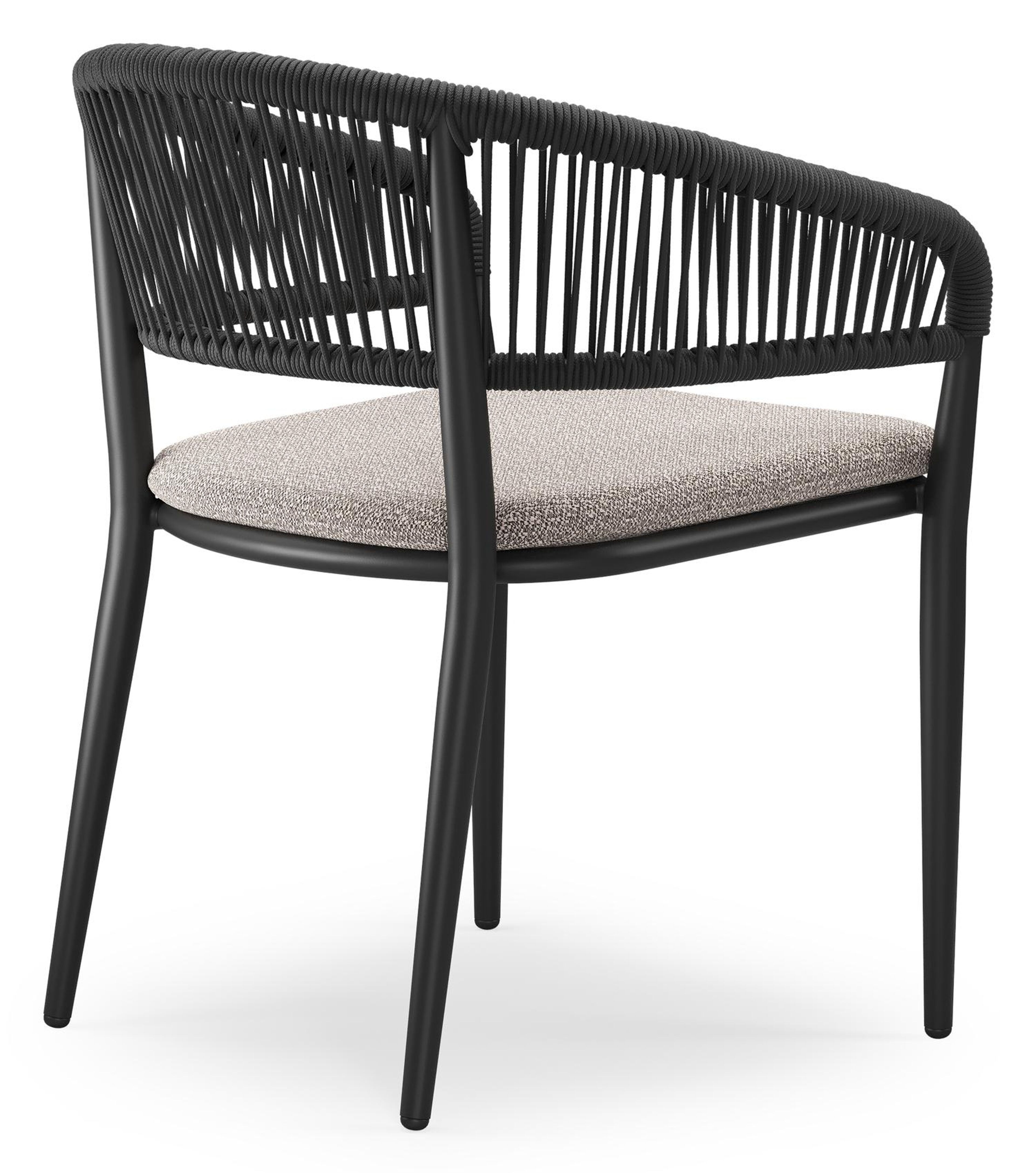 Tolfa stapelbare tuinstoel in zwart aluminium en zwart verticaal geweven ronde rope met stoelkussen in All Weather Sunbrella® Luxe Wander Granite