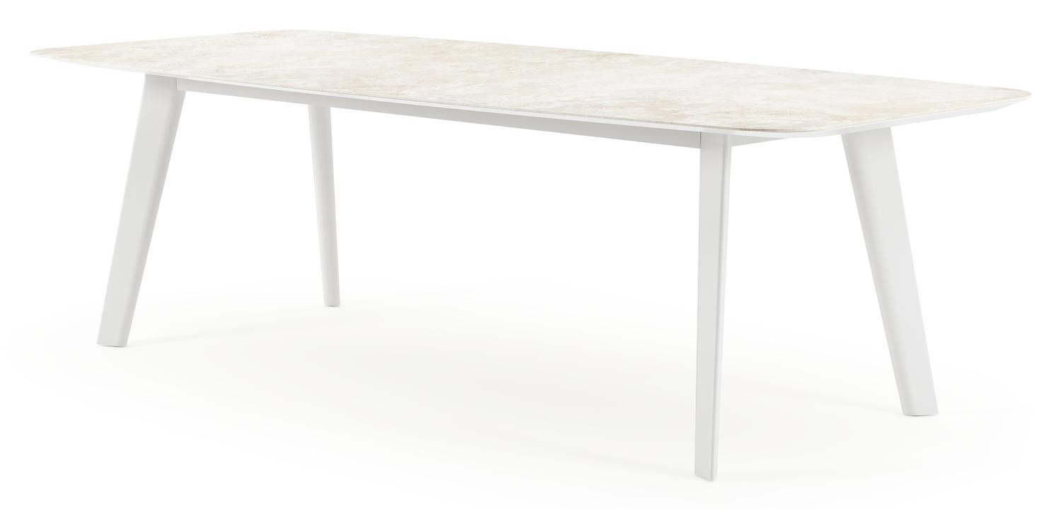 Table de jardin Lacirma forme de bateau en aluminium blanc et céramique pleine Rapolano Lg. 255 x Lrg. 115 cm