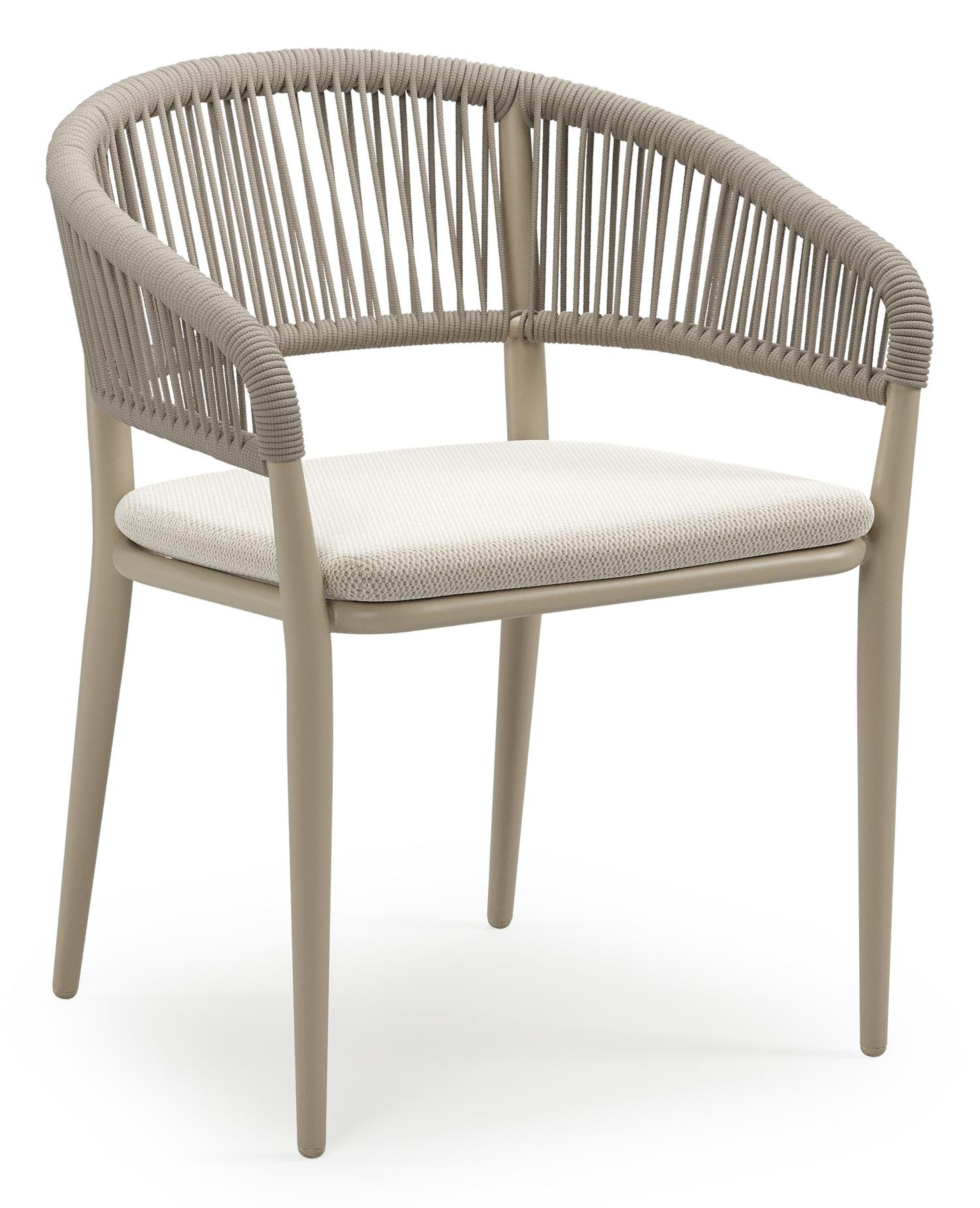 Tolfa stapelbare tuinstoel in beige aluminium en beige verticaal geweven ronde rope met stoelkussen in All Weather Sunbrella® Luxe Lopi Marble