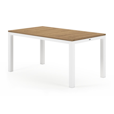 Varese tuinset in wit aluminium en naturel teak tafelblad met 6 stapelbare Calobra tuinstoelen