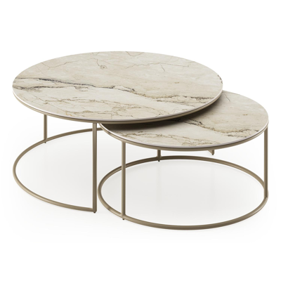 Ensemble de 2 tables d'appoint Fano ronde en aluminium beige et céramique pleine Colorado Dunes - Diam. 85 x Haut. 35 cm