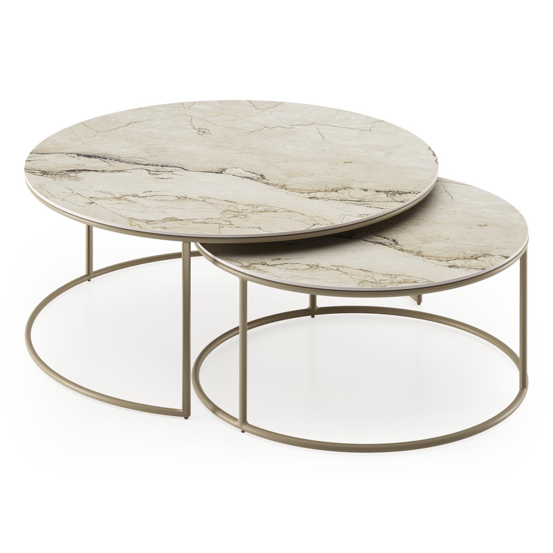 Ensemble de 2 tables d'appoint Fano ronde en aluminium beige et céramique pleine Colorado Dunes - Diam. 85 x Haut. 35 cm