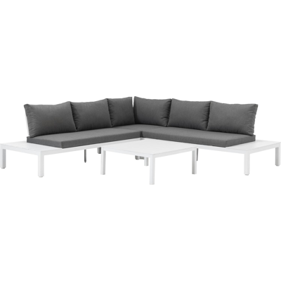 Salon de jardin d'angle Toma en aluminium blanc avec coussins en polyester gris et table basse