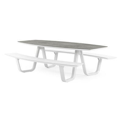 Forno picknicktafel bootvorm in wit aluminium en volkeramiek Aspen Grey - L 240 x B 181 x H 72 cm