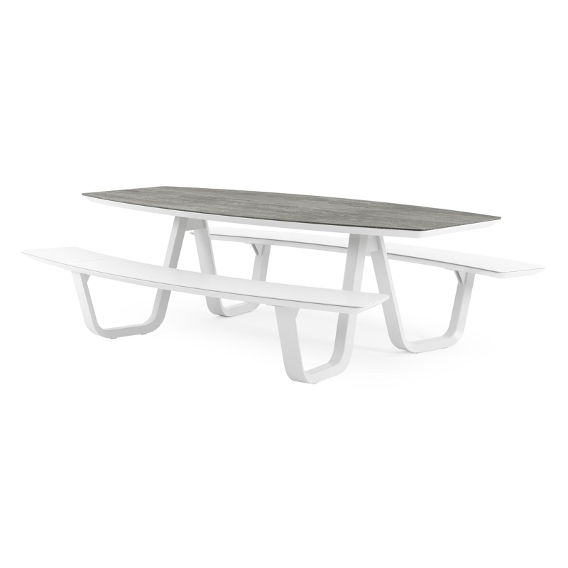 Forno picknicktafel bootvorm in wit aluminium en volkeramiek Aspen Grey - L 240 x B 181 x H 72 cm