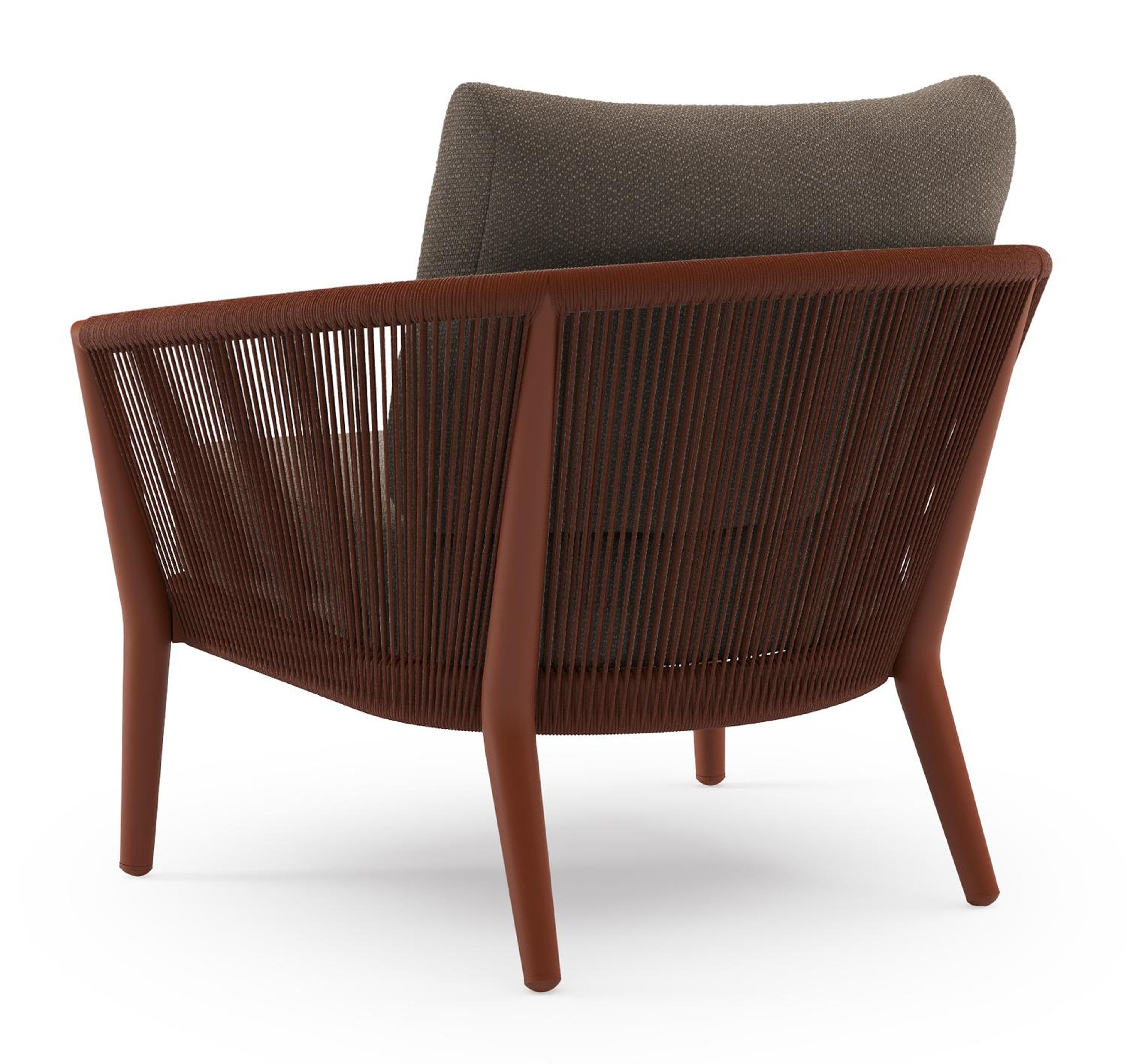 Orso loungestoel in roestbruin aluminium en roestbruin verticaal geweven ronde rope met Lopi Coconut all weather sunbrella® luxe kussen