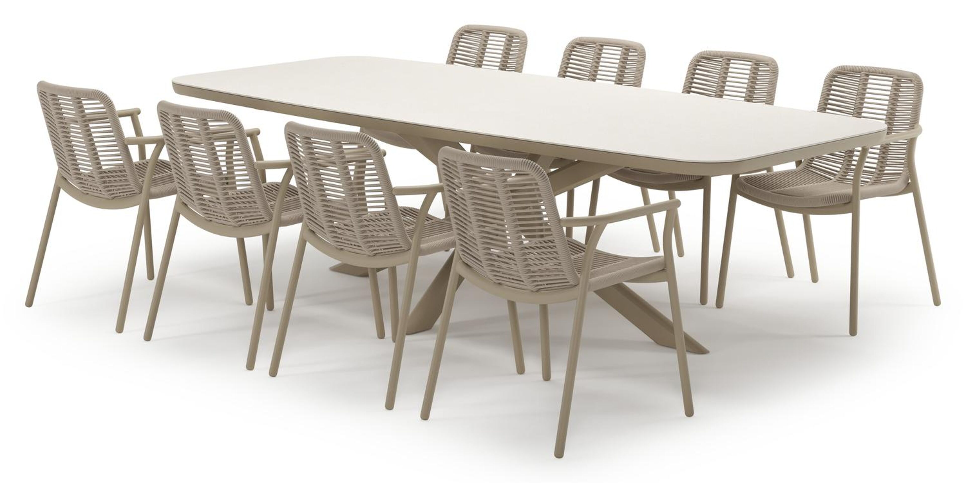 Pamplona tuinset in beige aluminium en crema minerale sintered stone met 8 stapelbare Berga tuinstoelen