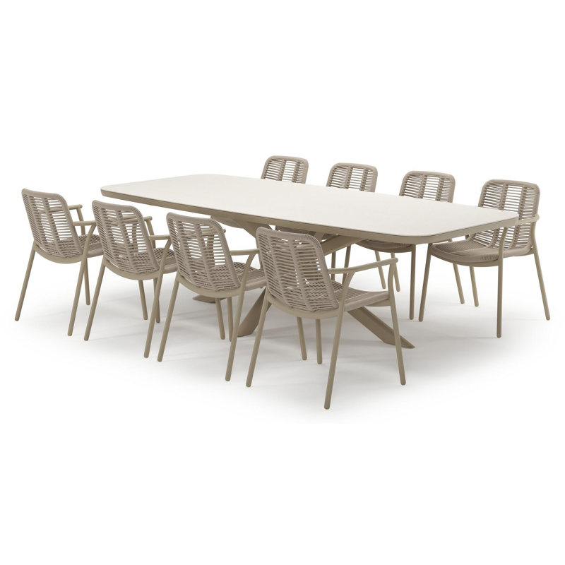 Pamplona tuinset in beige aluminium en crema minerale sintered stone met 8 stapelbare Berga tuinstoelen