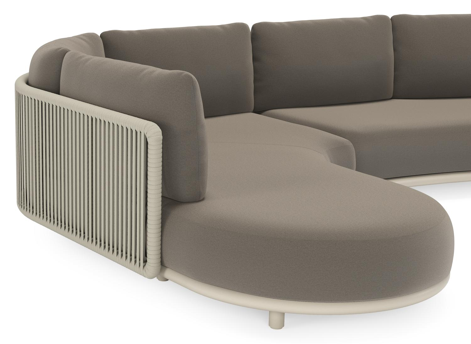 Lomano loungehoek in beige aluminium en beige verticaal geweven luxe vlakke rope met Natte Carbon Beige all weather sunbrellaÂ® luxe