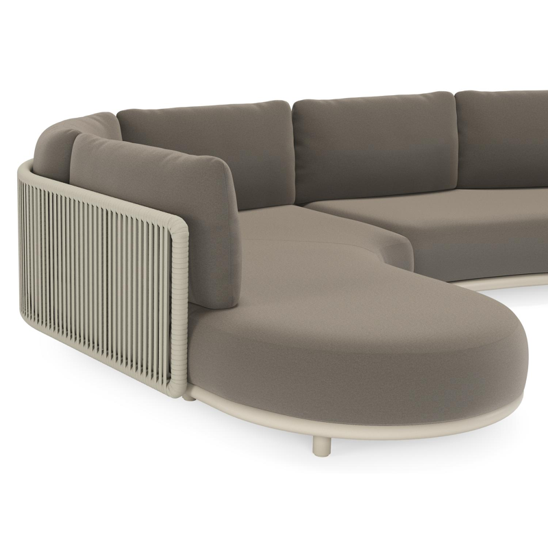 Lomano loungehoek in beige aluminium en beige verticaal geweven luxe vlakke rope met Natte Carbon Beige all weather sunbrella® luxe